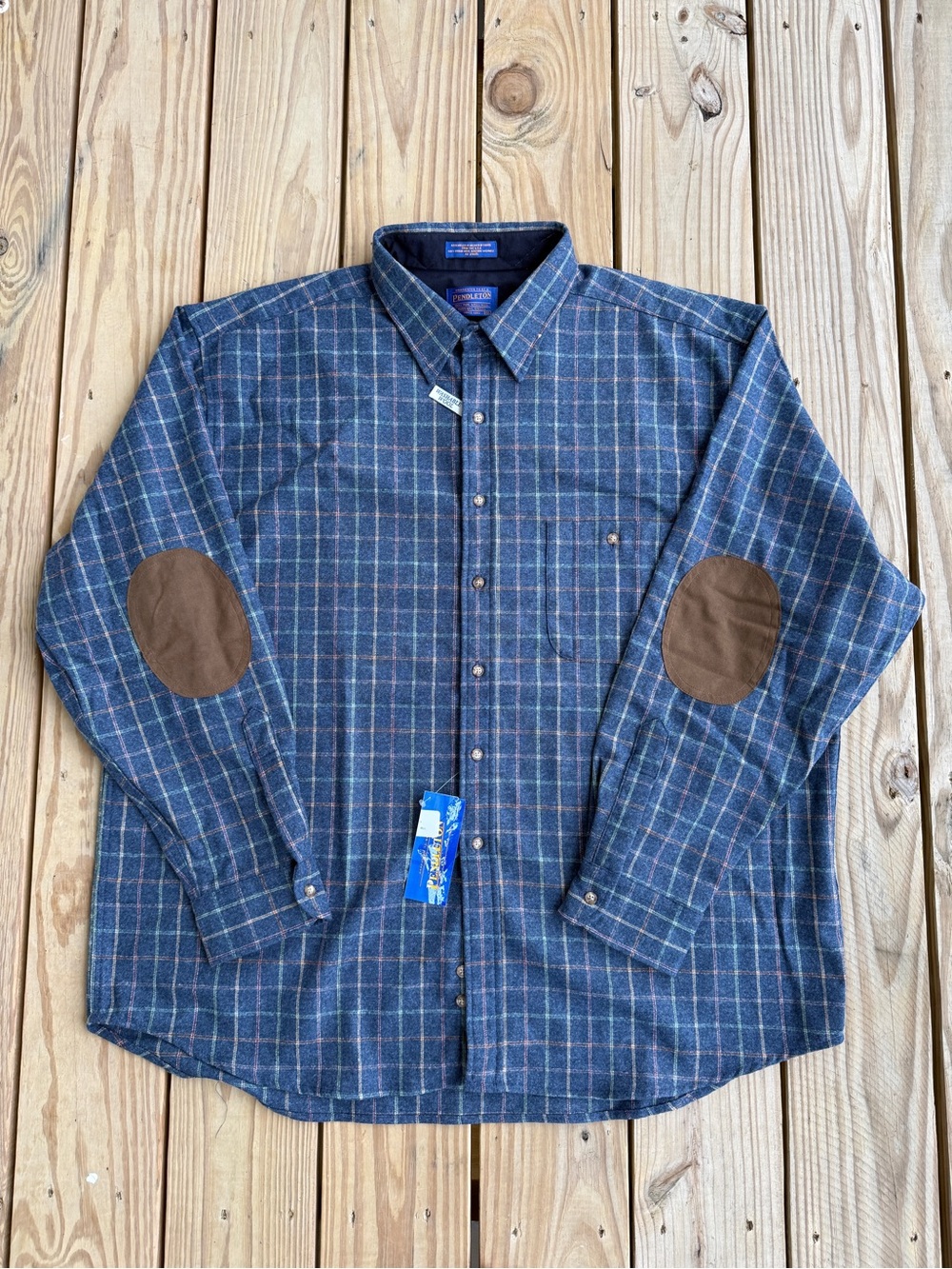 New Pendleton Mens 2XL Plaid Blue Flannel Shirt Elbow Patches Virgin Wool